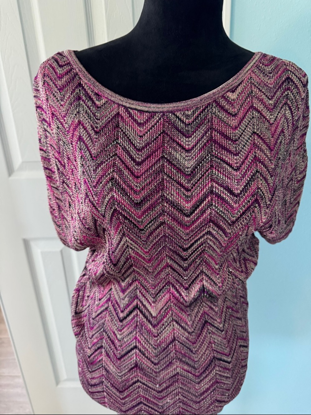 INC International Concepts Pink and Black Chevron Knit Scoop Neck Sweater